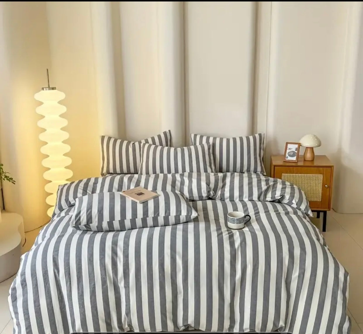 Cotton Quilt Cover Set in stylish gray and white stripes on a cozy bed with decorative pillows and modern bedding features.