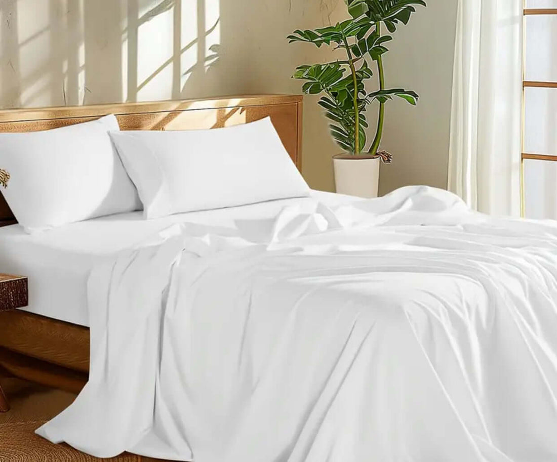 100 Percent Washed Cotton Sheet Set displayed on a neatly made bed with natural light and greenery.