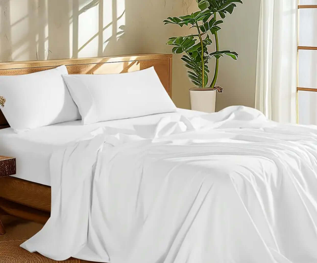100 Percent Washed Cotton Sheet Set displayed on a neatly made bed with natural light and greenery.