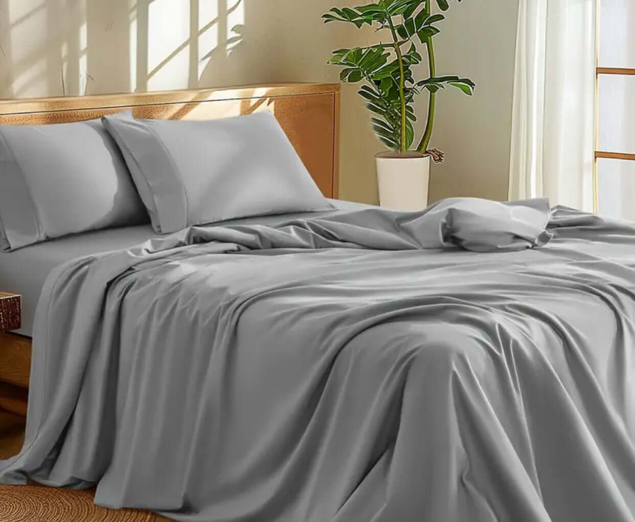 100 Percent Washed Cotton Sheet Set displayed on a neatly made bed in a cozy, sunlit room.
