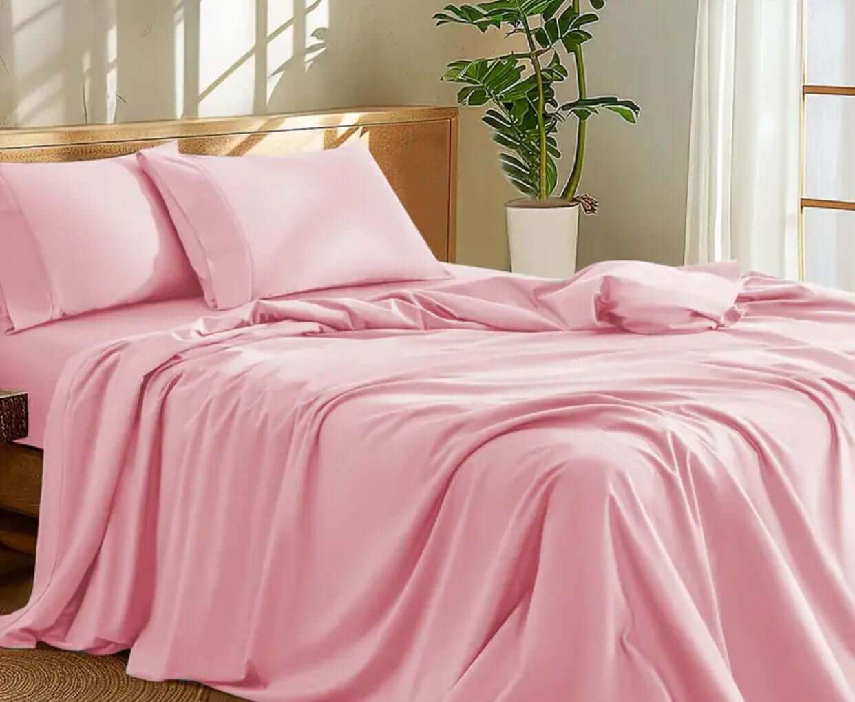 100 Percent Washed Cotton Sheet Set in soft pink color, featuring a comfortable bedding arrangement on a bed.